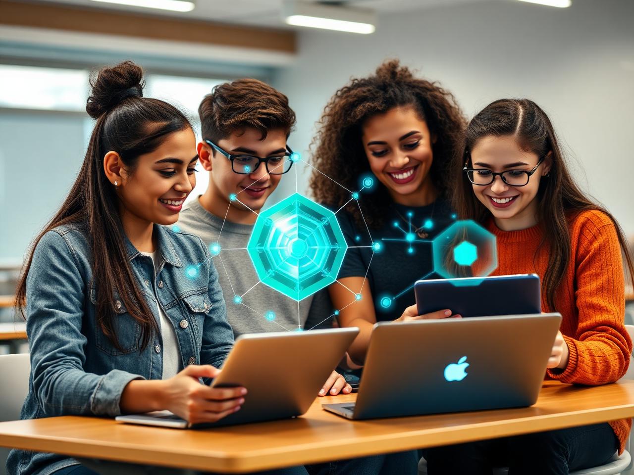 Students working together with technology